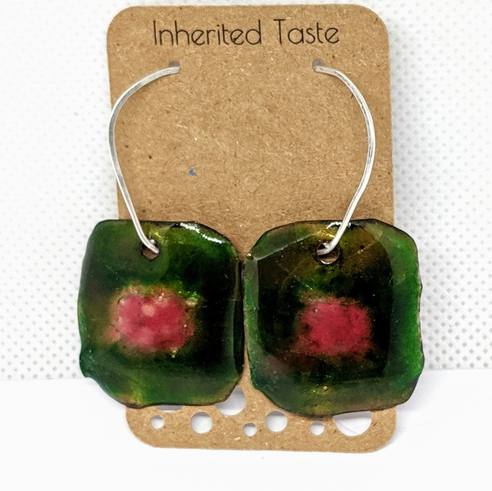 Enameled Watermelon Earrings Pink & Green